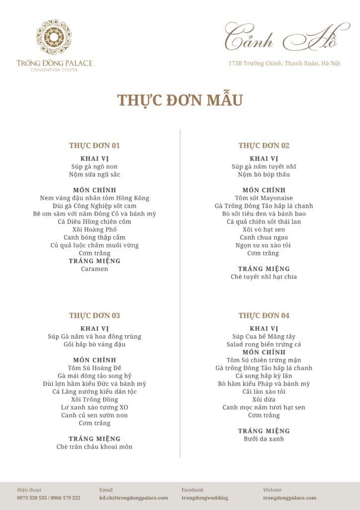 tiệc cho công ty, tổ chức sự kiện, trung tâm tổ chức sự kiện, trống đồng palace, trống đồng palace cảnh hồ, thực đơn, thực đơn tiệc sự kiện