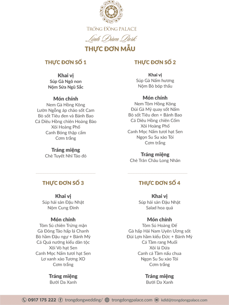 Thực đơn mẫu tại địa điểm tổ chức tiệc cưới ngoài trời Trống Đồng Palace Linh Đàm Park - Hà Nội